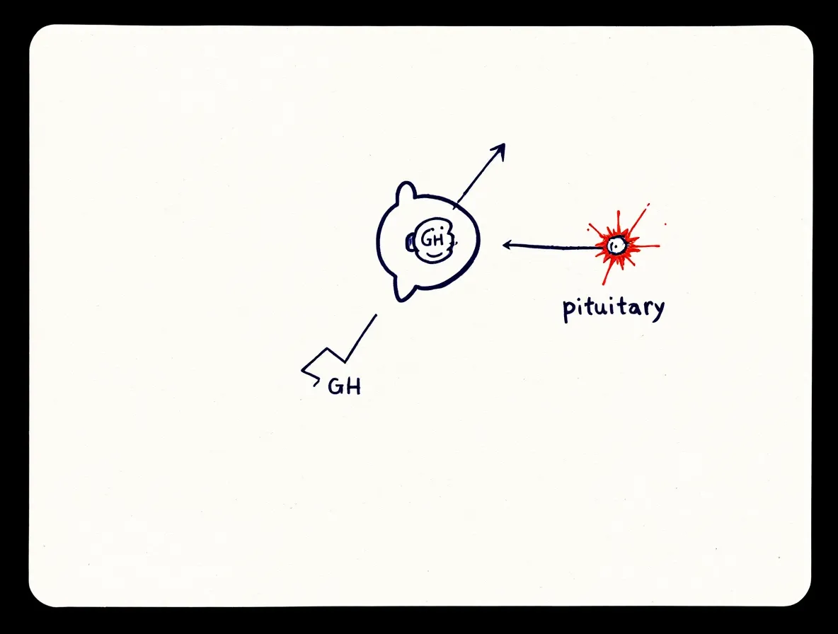 Hand-drawn sketchnote pictogram of an abstract pituitary gland with a thumbs-up matchstick arm, a downward arrow, and a red sparkle release mark on warm cream paper